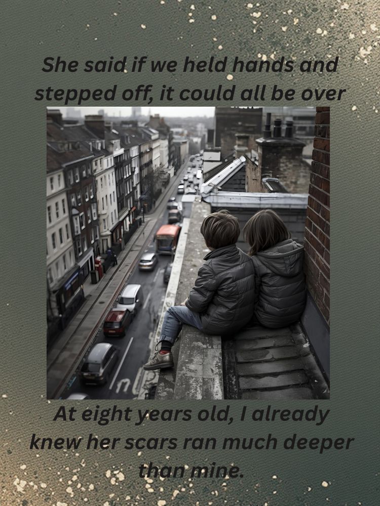 A young boy and girl, sitting on a roof ledge above a London street. Above are the words "She said if we held hands and stepped off, it could all be over."  
Beneath are the words "At eight years old, I already knew her scars ran much deeper than mine."