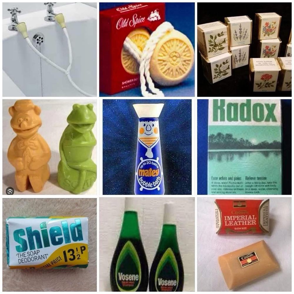 A selection of soaps and bath accessories from the UK of the 1970’s