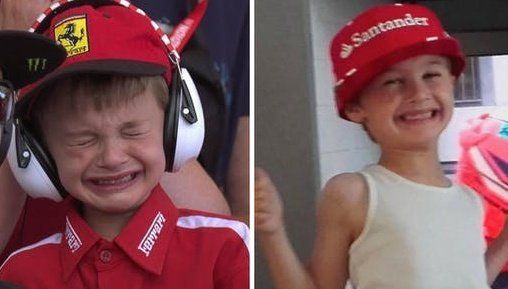 Menino torcedor da Ferrari chorando de um lado e do outro ele feliz.