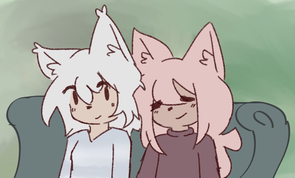 trick resting their head against treats while they sleep, out on a bench. treat's looking at trick, and their arms angle off-screen as if they were holding hands