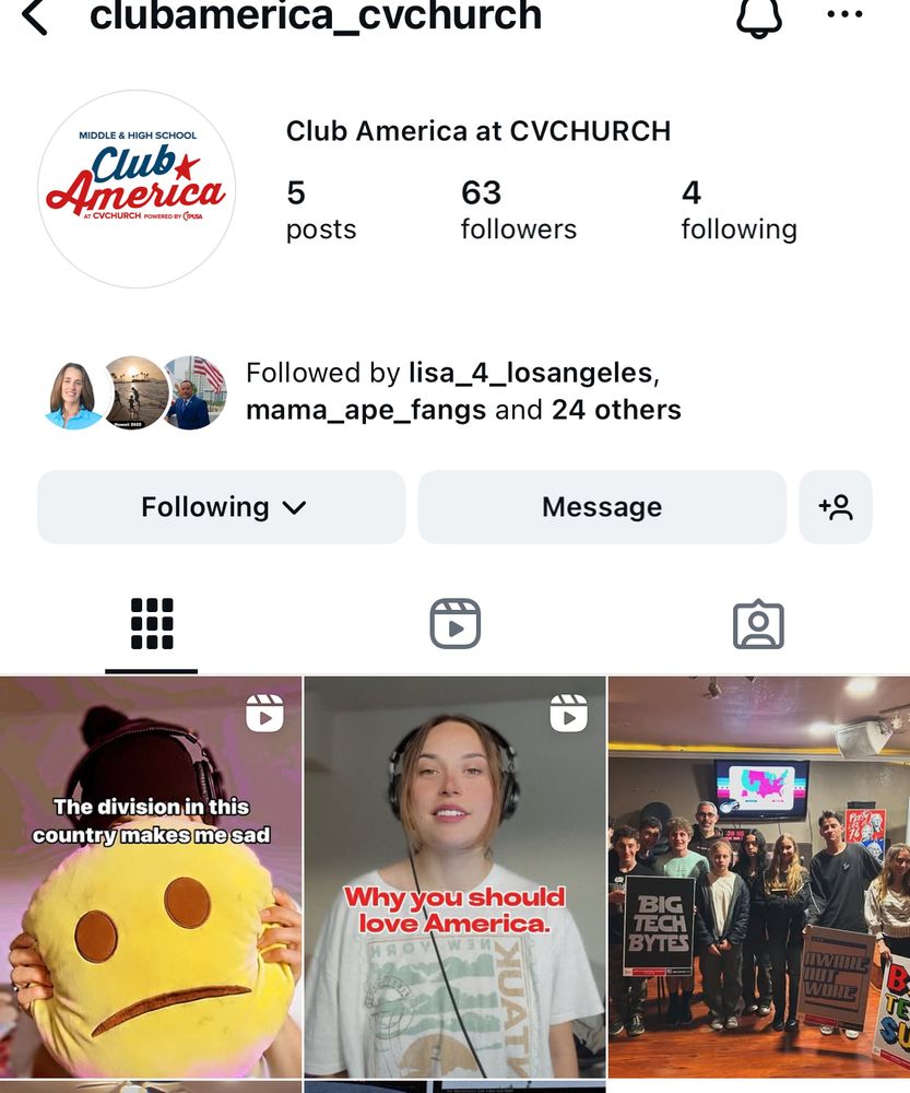 Screenshot of the Club America at CVCHURCH Instagram showing Tara Martinez. Club America is a branch of TPUSA. 