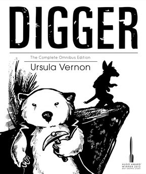 The cover of the complete edition of Digger. Main character, a wombat engineer named Digger, stands at the forefront, with the shadow of her companion Ed in the background.