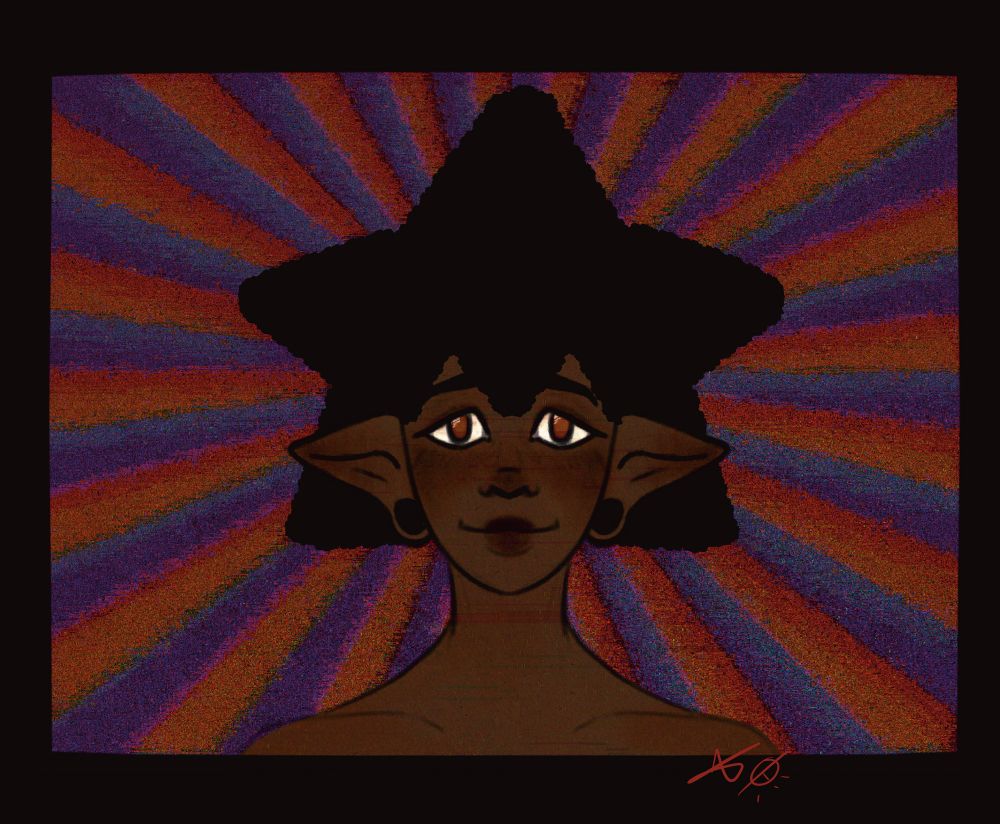 A digital illustration. The image is a headshot of a person in front of a staticky burst-pattern in orange and purple. The person has pointed ears with stretched lobes, dark skin, and their hair is dark, coily/4c texture, abd sculpted into the shape of a star. She has a slight smile and bright amber eyes. In the right corner by her shoulder is a doodle of an eye and the artists sign.