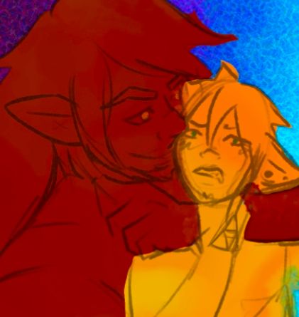 Base colour work in progress digital art on a purple and teal gradient background. In monochrome red, a large bearded man with long hair and pointed ears is smiling gently while his arm is tight around the neck of a smaller man in monochrome gold who is blushing and looks distressed as he grasps at the larger arm.