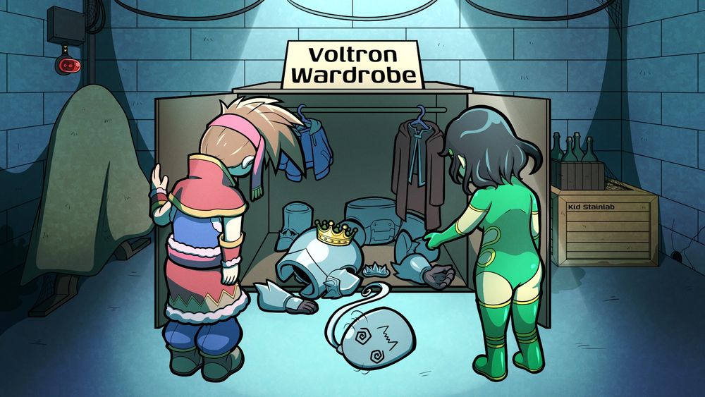 Characters Randi and Orchid humorously find Armored body Alphonse laying with peices scattered in a dark room in a cabinet labeled "Voltron Wardrobe".