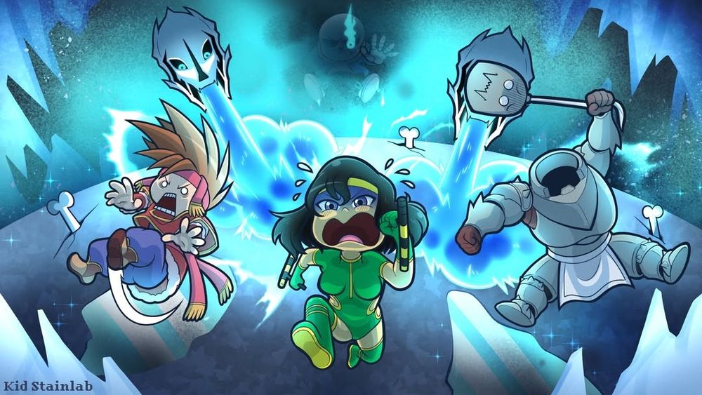 Fan made version of  Randi from video game "Secret of Mana", "Orchid of "Killer Instinct" and "Alphonse Elric" run wildly from an energy beam attacking Sans of undertale inside of a dark cave. All in comedy form.