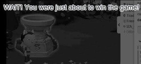 A screenshot of the game Glitch, depicting a little player figure standing in front of a shrine, while above them the words "Wait! You were just about to win the game!" appear. These words appeared whenever the player closed the game. 