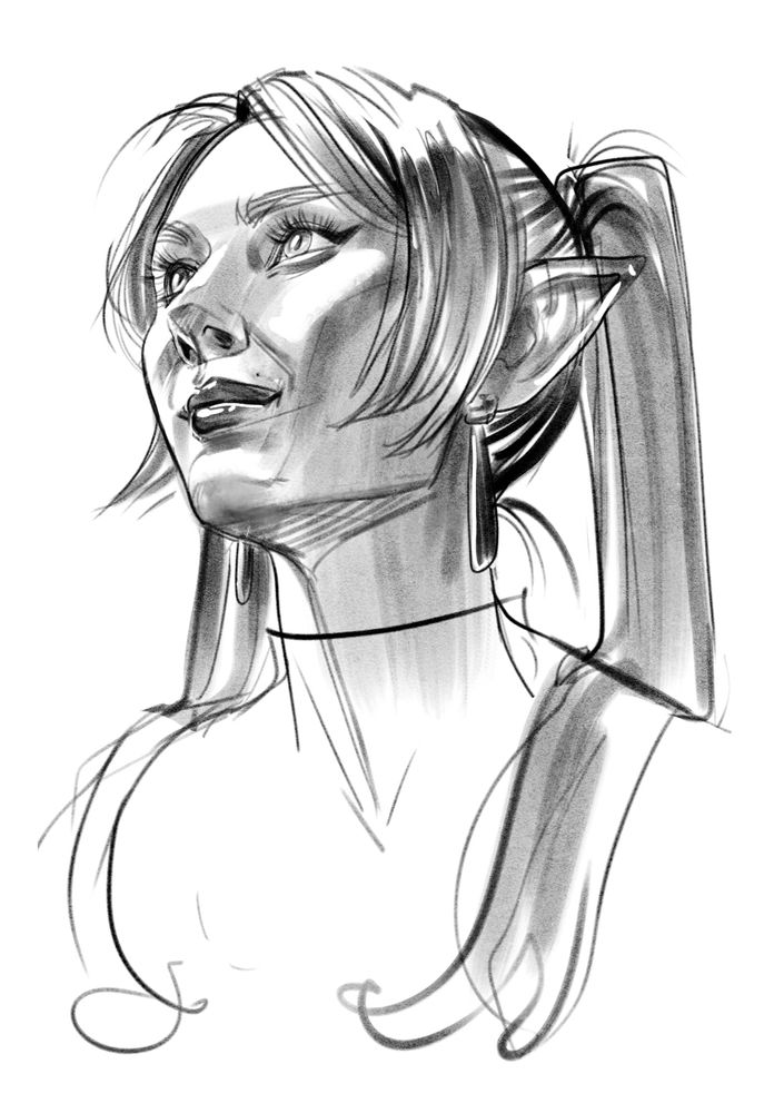 Bust drawing of an elven girl with long pig tails and one earring in each ear, looking up and off the page 