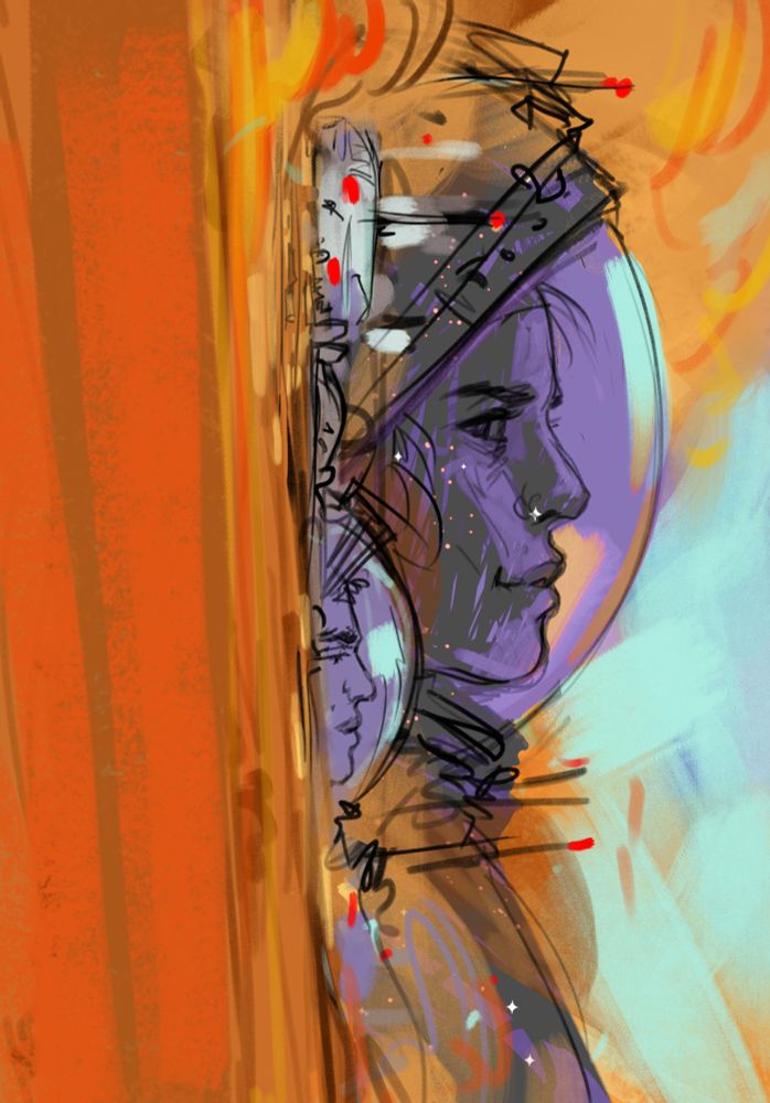 Red, purple and light turquoise of a girl and boy in space suits nestled into a space station composition that's been flipped on its side -- the horizon runs vertical across the page. 