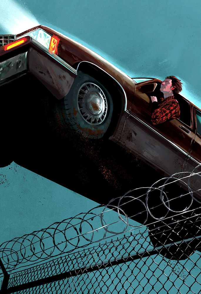 Illustration of a classic Cadillac flying through the air over a chain link fence, a man in red plaid leaning out the window as the wind tussles his hair. 