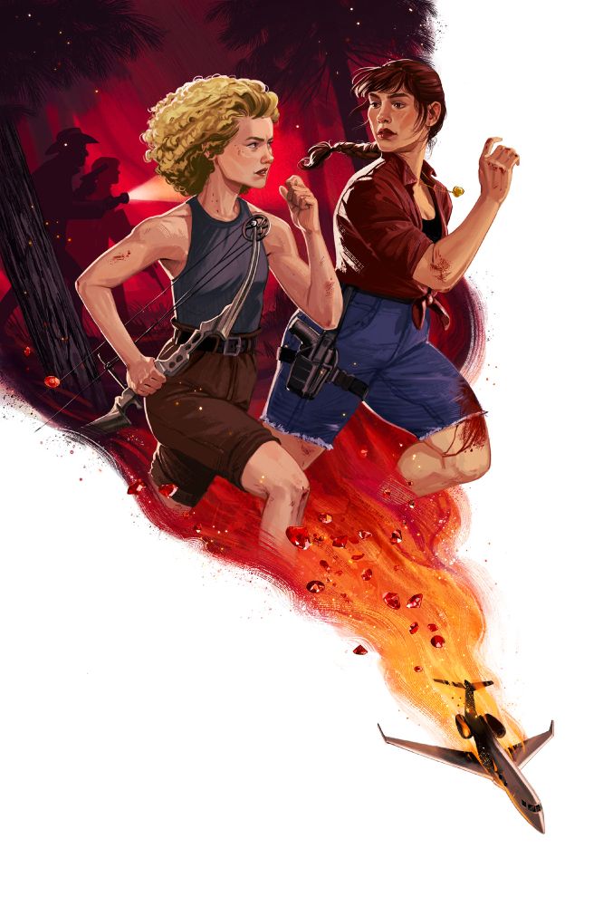 Illustrated cover featuring two women running, one with blonde curly hair, the other with reddish auburn hair in a braid, through the fire trail left by a downed plane. Behind them in the silhouette of the flames we see two men in the woods hunting them with guns and flashlights.