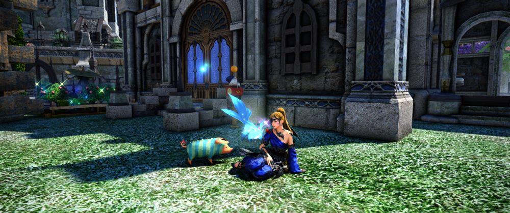 Poogie and carbuncle staring at Warrior of Light wearing blue summoner attire. 