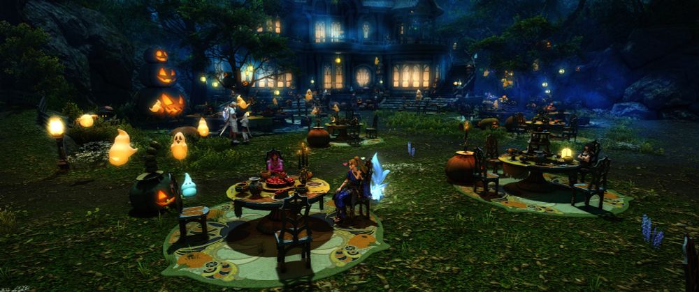 Spooky festive table with manor in background.