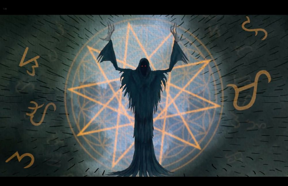 A menacing, robed figure with glowing red eyes and clawed hands stands before a luminous, intricate gold star-shaped symbol. The background is a textured grey with numerous swirling Baybayin characters. The characters ᜐ, ᜀ, ᜂ, ᜋ, and ᜉ stand out. The overall aesthetic is dark and mystical, suggesting a scene of magic or summoning.