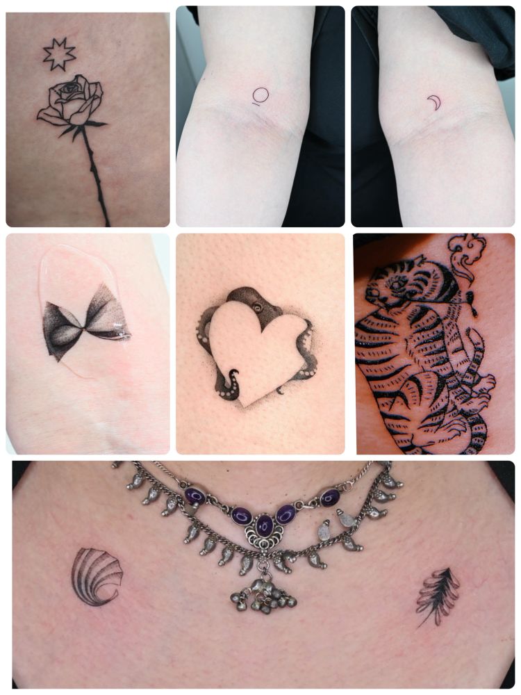上段左 薔薇と星のタトゥー、上段真ん中と右 太陽と月のタトゥー
中段左 傷ましき腕のリボンのタトゥー 中段真ん中 ハートに絡みつくタコのタトゥー 中段右 韓国の伝統的な、タバコを吸う虎のタトゥー
下段 コントルポアンのタトゥー
