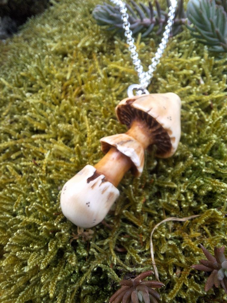 Sculpture d'un champignon dans de l'ivoire de mammouth patiné  au brou de noix  , taille pendentif, le  chapeau  grignoté laisse passer un petit anneau en argent pour pouvoir le suspendre 