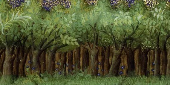 Détail d'une enluminure représentant une forêt, extraite du Livre de la chasse de Gaston Fébus, BnF ms fr. 616, f. 62v. 