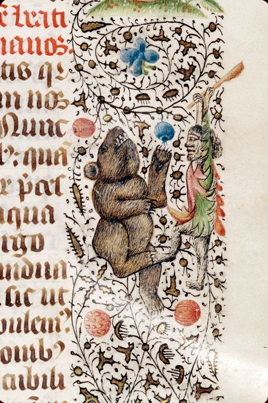 Homme luttant contre un ours. Missel de Clermont, XVe siècle 