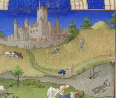 Hommes se baignant dans une rivière, Très riches heures du duc de Berry.