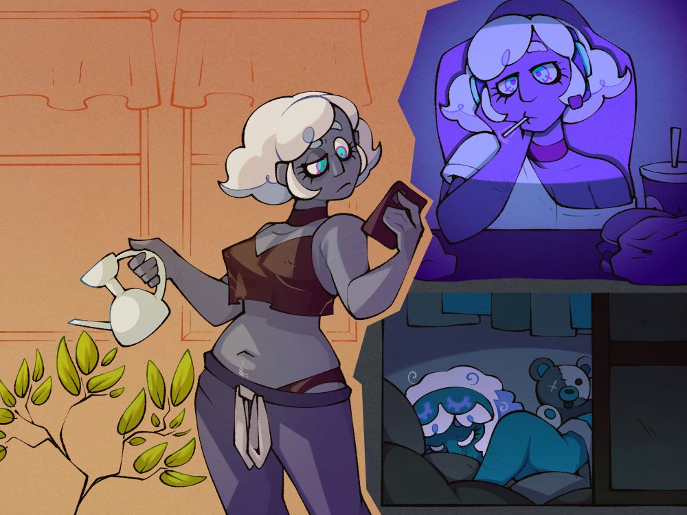 Multiple drawings of Dawn.
One where she's watering plants while looking at her phone.
One where she's looking at a screen.
One where she is sleeping in her closet.