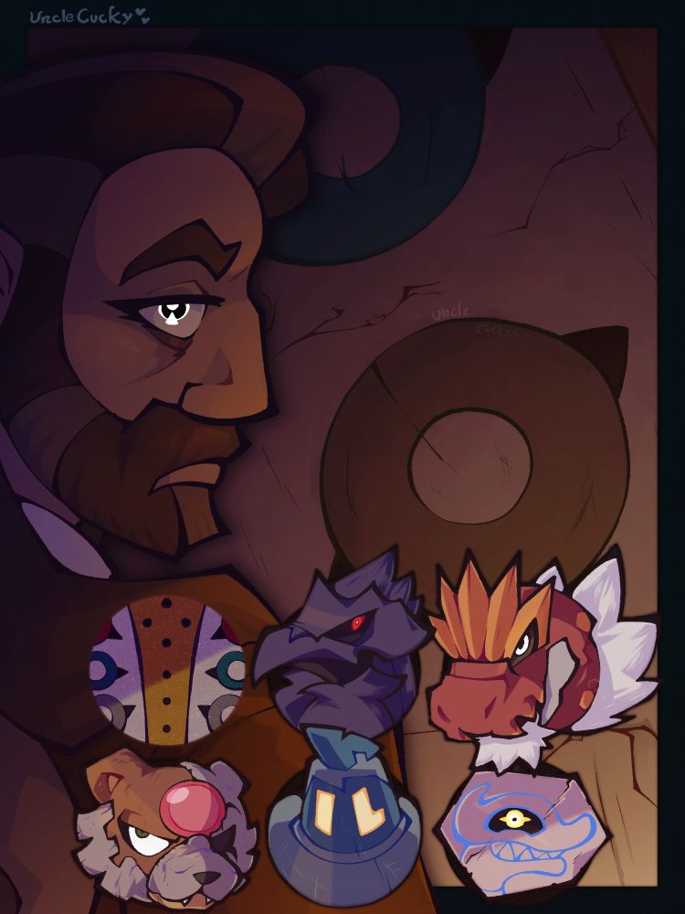 My oc Cain with his Regigigas. Under them are headshots of his pokemon team: said Regigigas, Corviknight, Tyrantrum, Ursaluna, Gokurk, and Runerigus.
