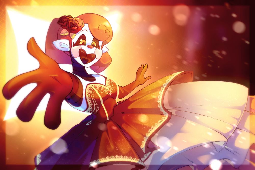 Ruby the robot girl reaching out to the screen while wearing a fancy dress.
