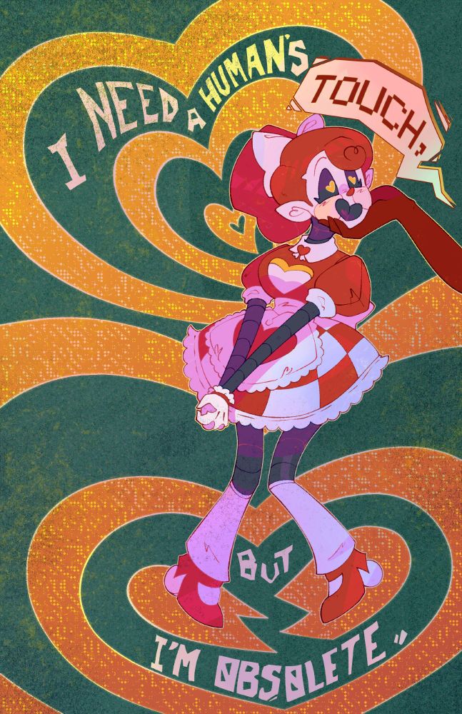 A drawing of Ruby the robot girl. Using lyrics from the song "A Human's Touch" by TWRP