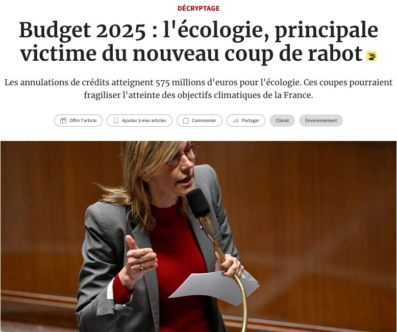 Budget 2025 : l'écologie, principale victime du nouveau coup de rabot (art. Les Echos)