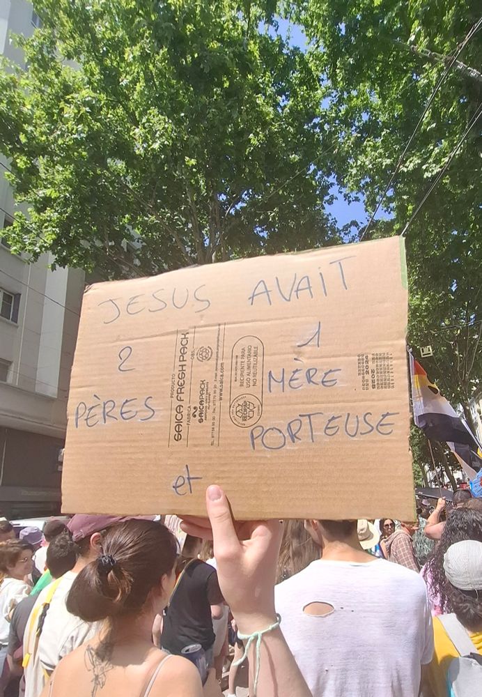 My sign for the pride walk "Jesus avait 2 pères et 1 mère porteuse" (trans: Jesus had 2 fathers and 1 surrogate mother)