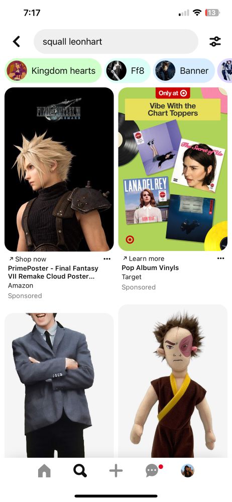 Pinterest search for “squall leonheart”. Images of cloud strife and an ugly zuko doll show up instead, as well as other unrelated images. 