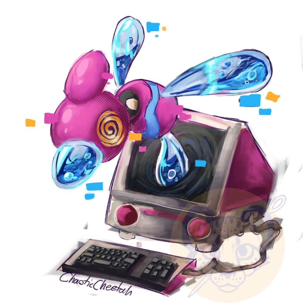 Artfight attack for whimsical dragon. It’s a porygon Z oc coming out of an old early 2000 style computer. 