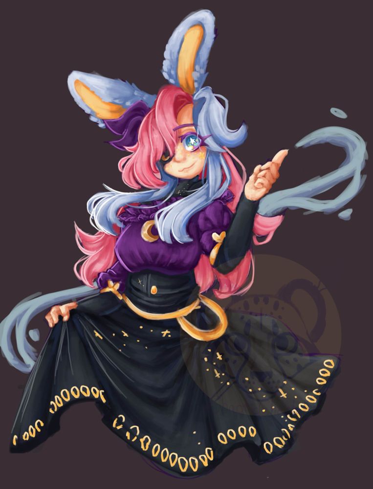 Artfight attack on freeze-pop88. Half body of a human bunny character with pink and white hair. 