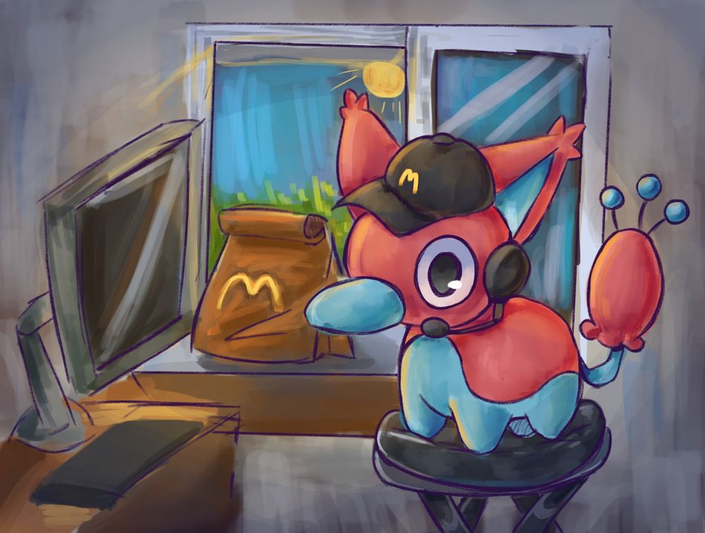 Artfight attack for imbaby-ca! Character Daniel, a porygon 2 slurry hybrid, working at McDonald’s.