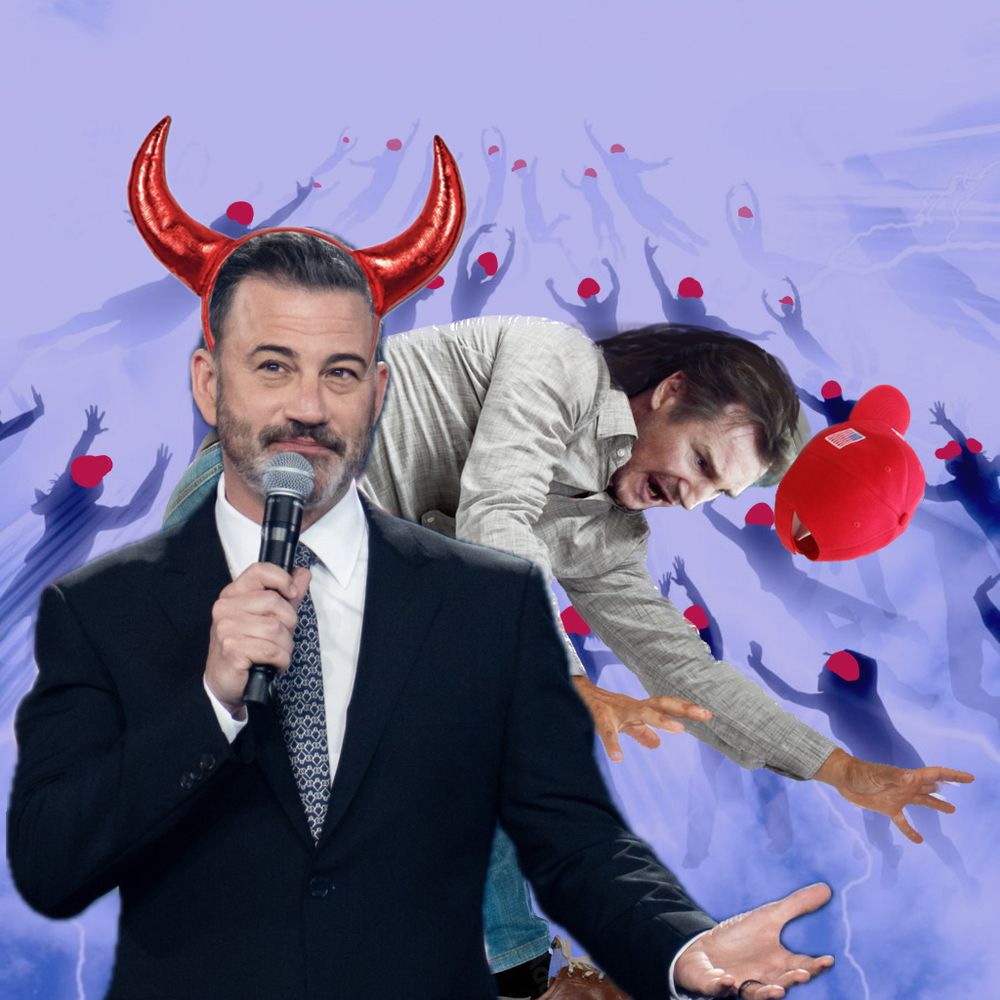 Kimmel in devil horns hosting the rapture. Magas being sucked up by an unseen force. 

image created in SketchClub. No Ai