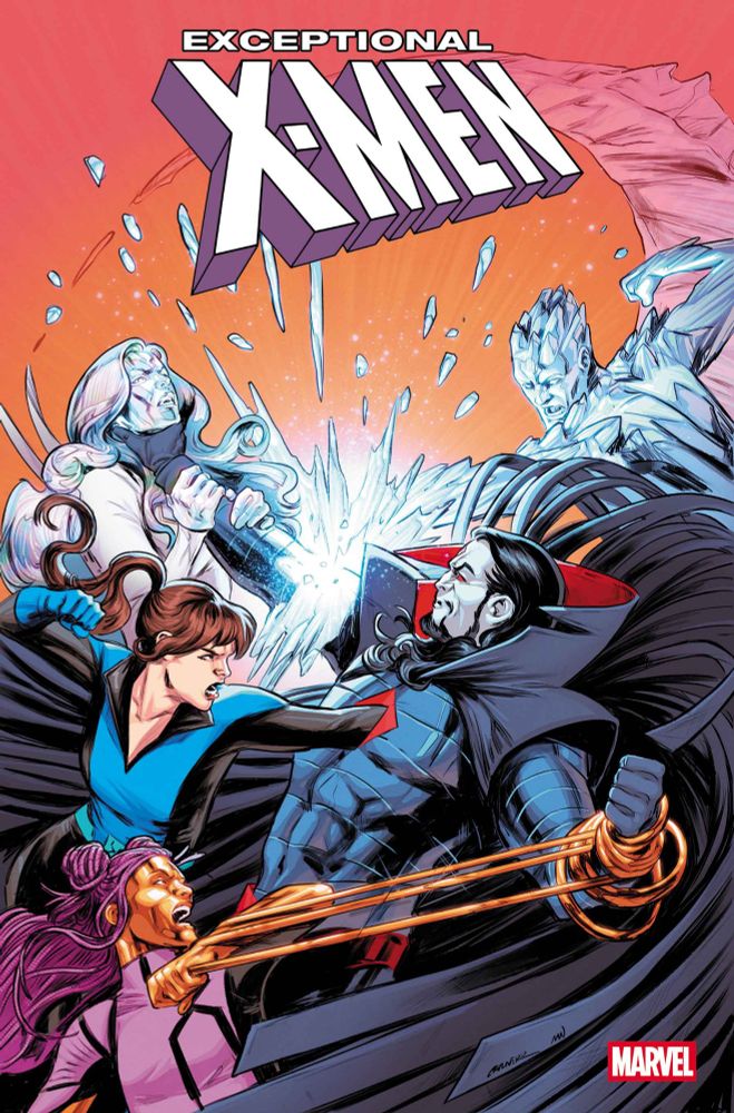 Exceptional X-Men issue 9 cover with Emma Frost, Kitty Pryde, Iceman and Bronze fighting Mr. Sinister