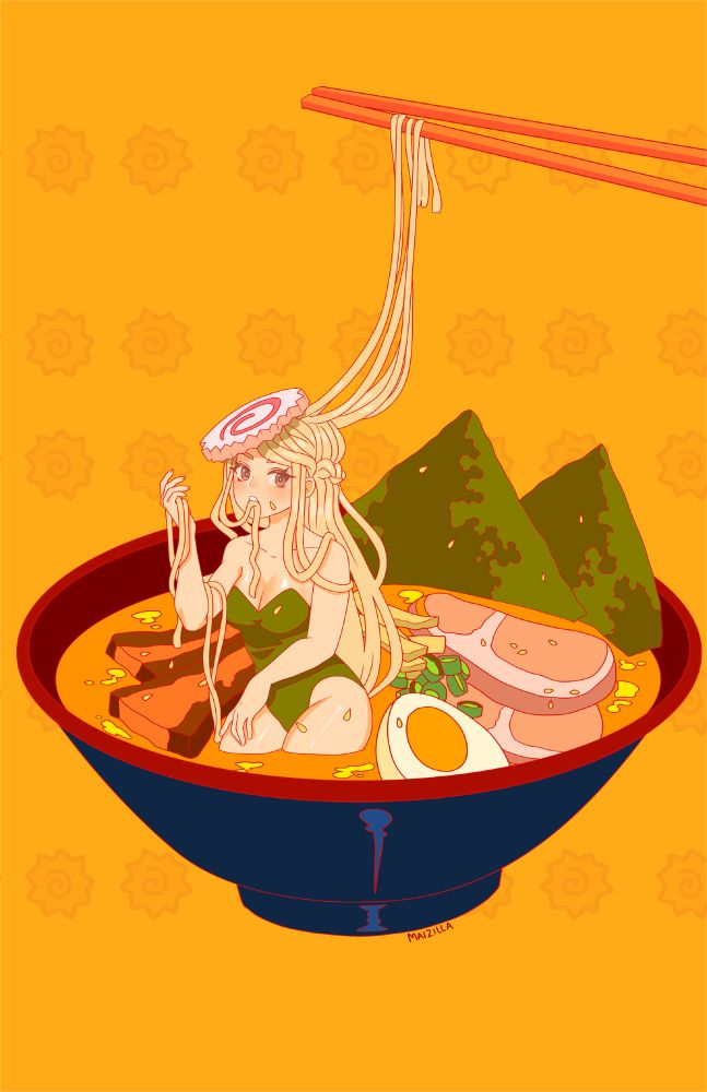 Girl with ramen hair and a narutomaki hat sitting in a bowl of ramen with seaweed, chashu, an egg, and bamboo shoots