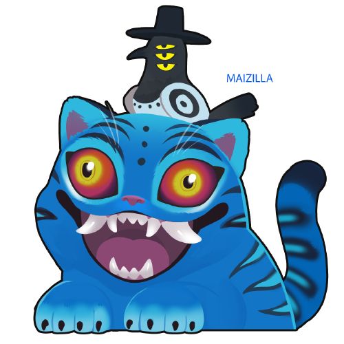 Derpy blue tiger from kpop demon hunters with bird wearing hat on head, it's a peeker style sticker!