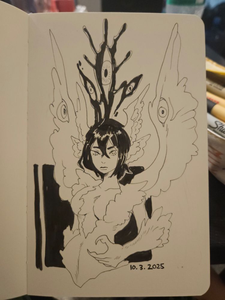 Pen drawing of strange winged angel lady with eyeballs coming out of her head