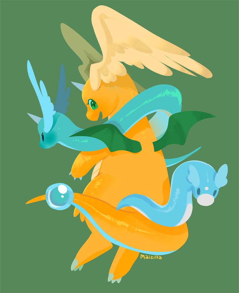 Mega dragonite looks behind their shoulder at the viewer with Dragonair wrapped around their neck and dratini behind them