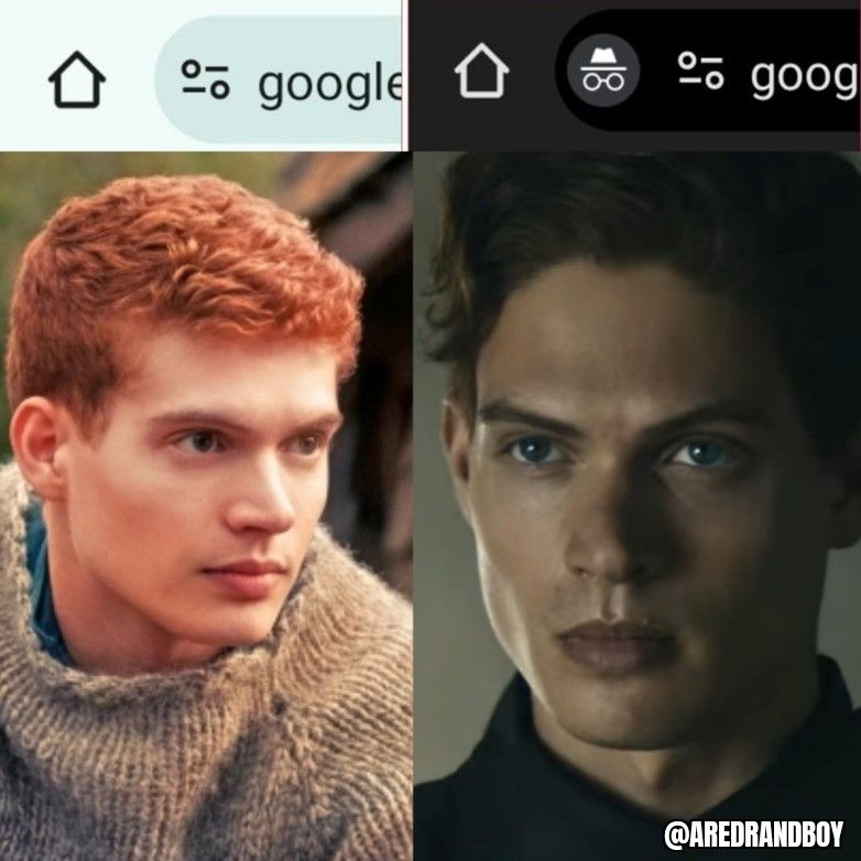 Two pictures of Josha Stradowski. the one on the left is him from the first season looking innocent above it is the search bar for regular Google. On the right is one of him from the new teaser trailer for season where hes looks pretty and above that is the Google incognito search bar