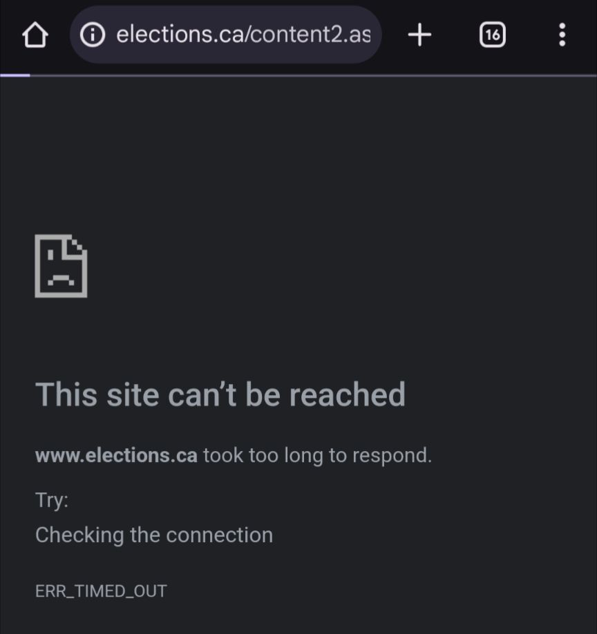 Picture of chrome mobile browser trying and failing to load the elections Canada website.
