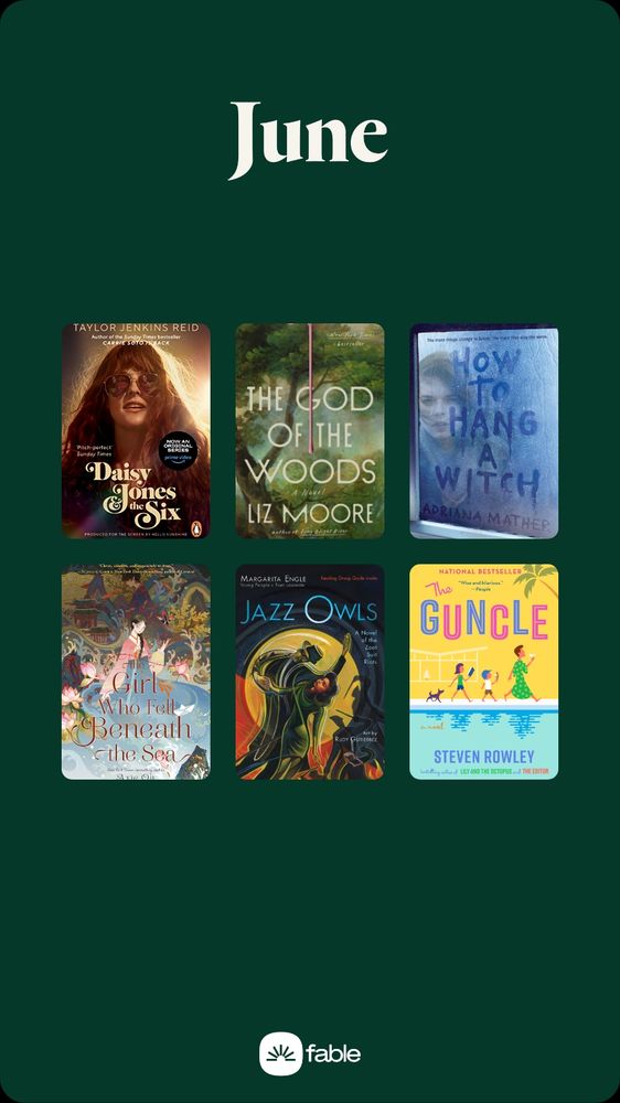 Books completed in June: Daisy Jones and the Six, The God of the Woods, How to Hang a Witch, The Girl Who Fell Beneath the Sea, Jazz Owls, The Guncle