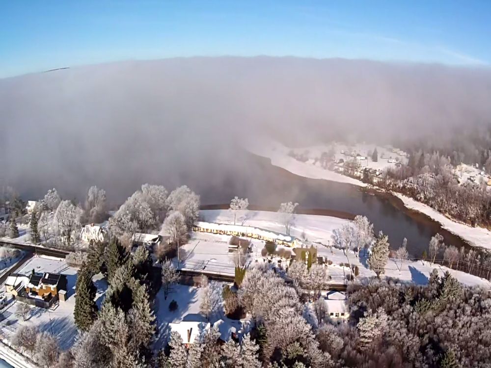Picture from a drive at 75m altitude .Fog rolls out from a small inlet. Ground covered with snow and trees covered with hoar frost 