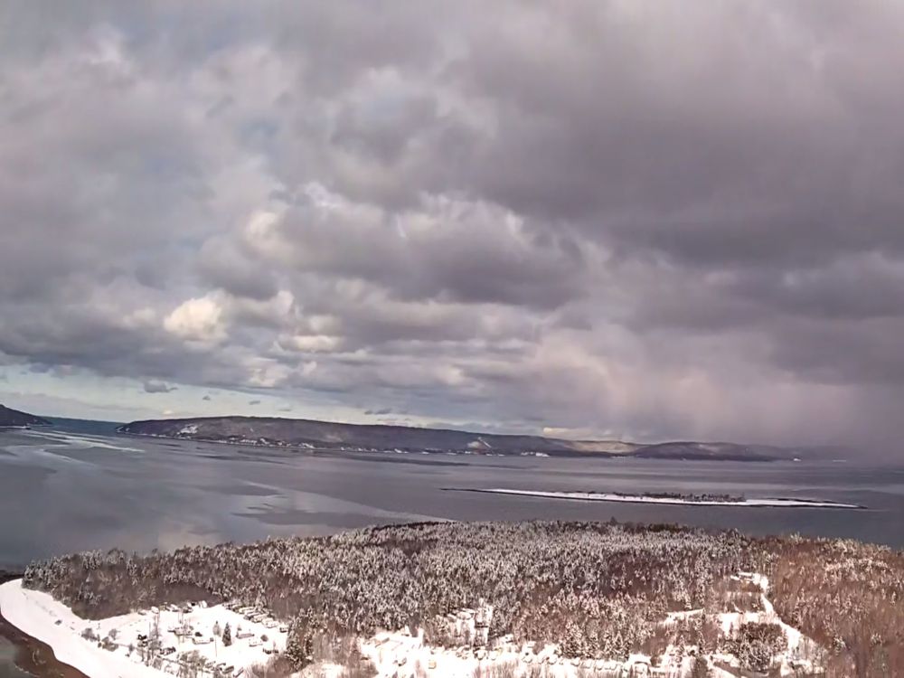 Arial picture of a bay in winter on a cloudy winter day