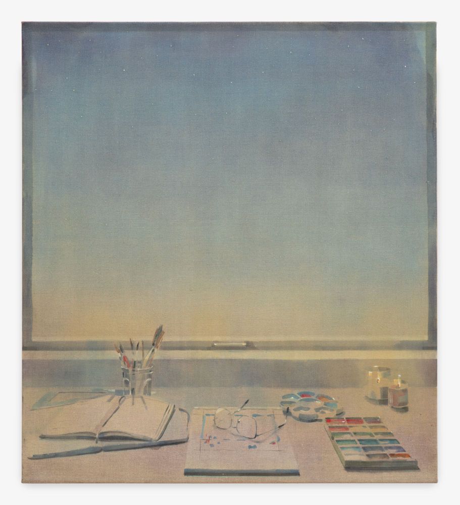 Oil painting of a desk in front of a window with sketchbooks, a watercolour pad, and set of watercolour paints.