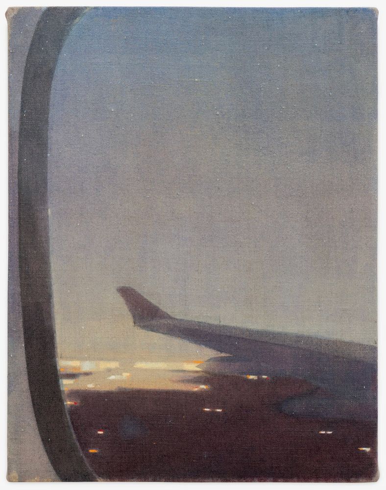 Oil painting of a view of a plane landing as seen from the plane window in blues and purples