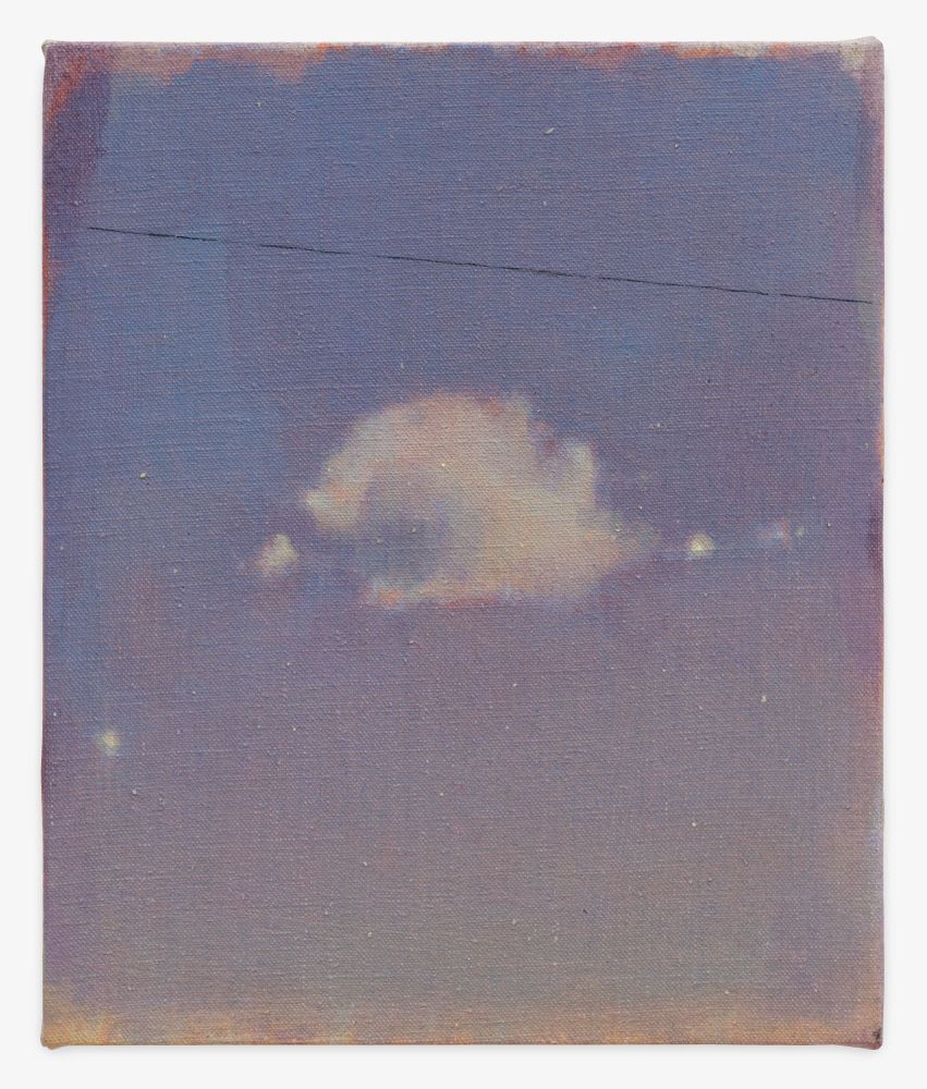 Oil painting of a cloud with a purple sky and electrical wire over the cloud