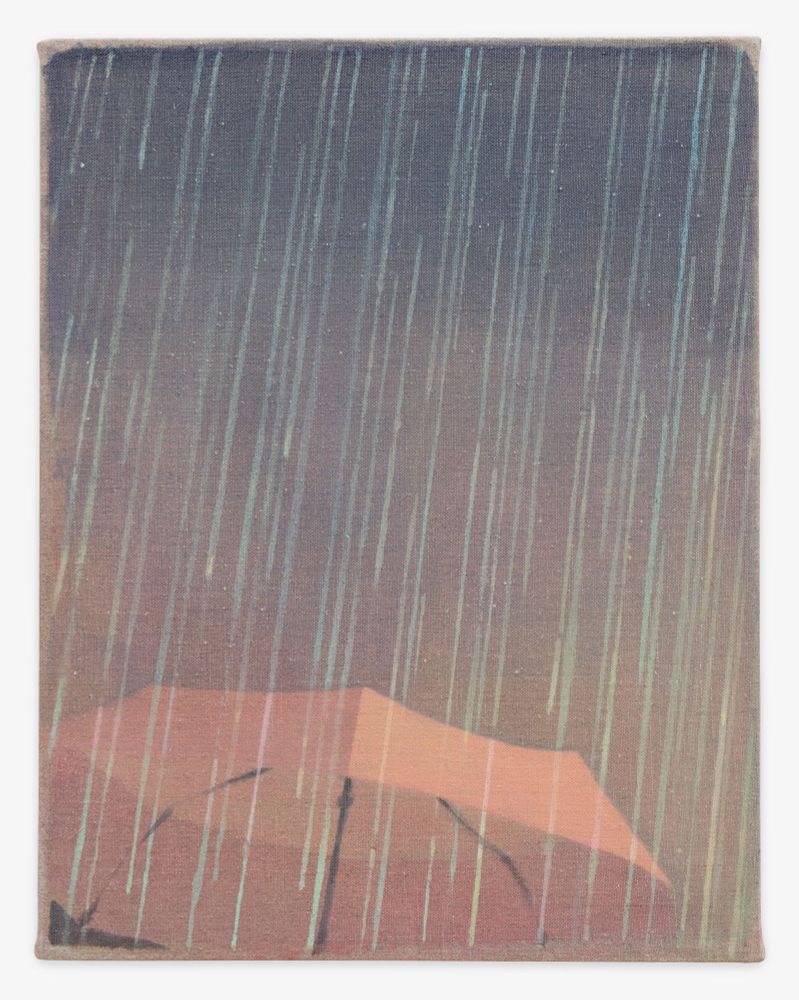 Oil painting of a purple sky and rain with a pink umbrella at the bottom
