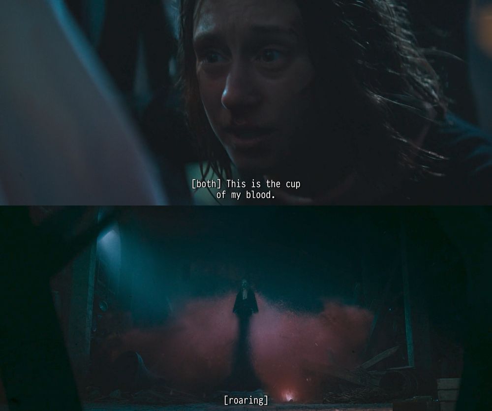 Frame One: "[both] This is the cup of my blood."
Frame Two: "[roaring]"
