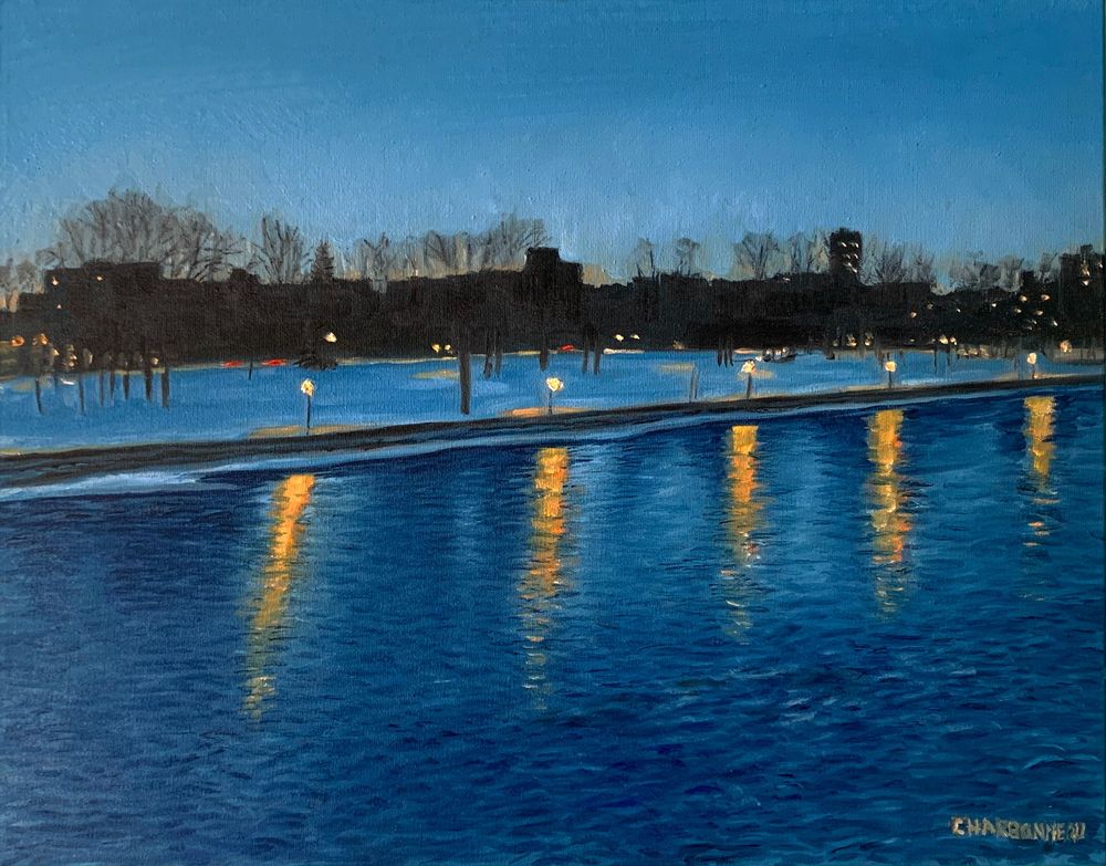 Winter oil on canvas in early evening, impressionist style.